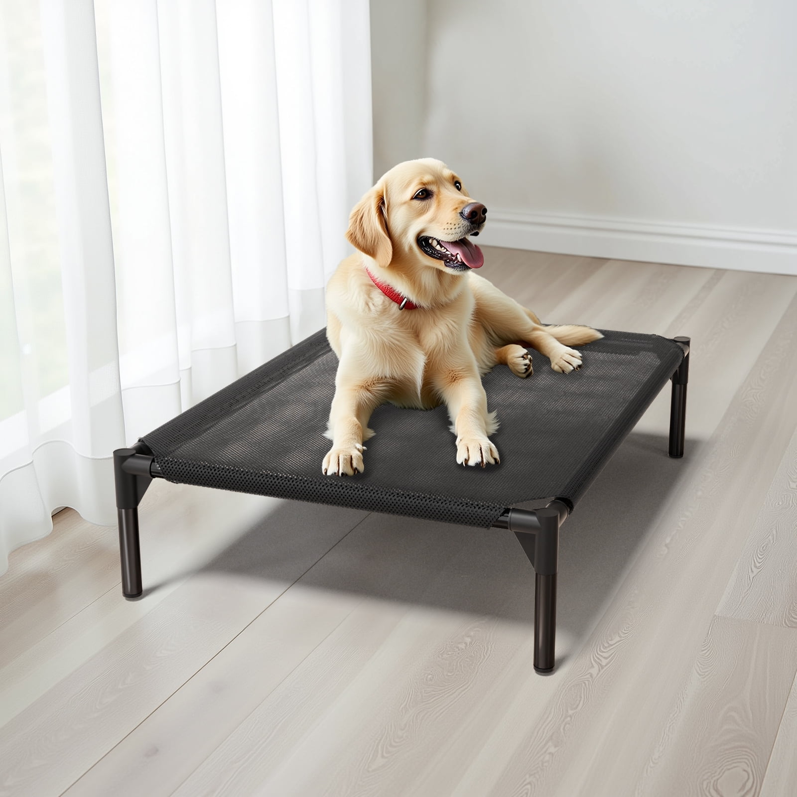 Elevated Dog Bed for Large Dogs, Raised Dog Cot Fits Up to 120 LBs, Heavy Duty Pet Cots with Durable Supportive Teslin Recyclable, Indoor & Outdoor Pet Bed, Black/L