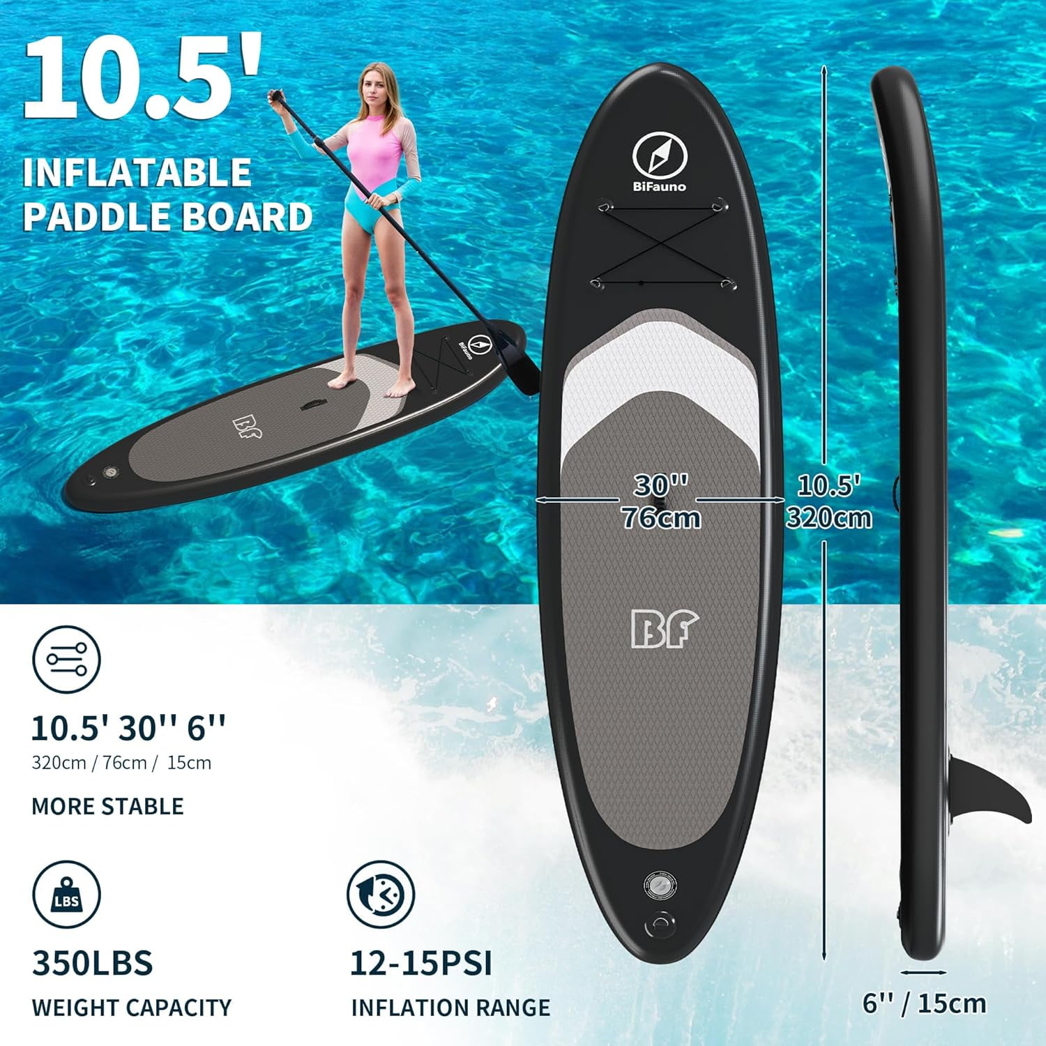 Bifanuo サップボード Bifanuo 10' Inflatable Stand Up Paddle Board with SUP Accessories