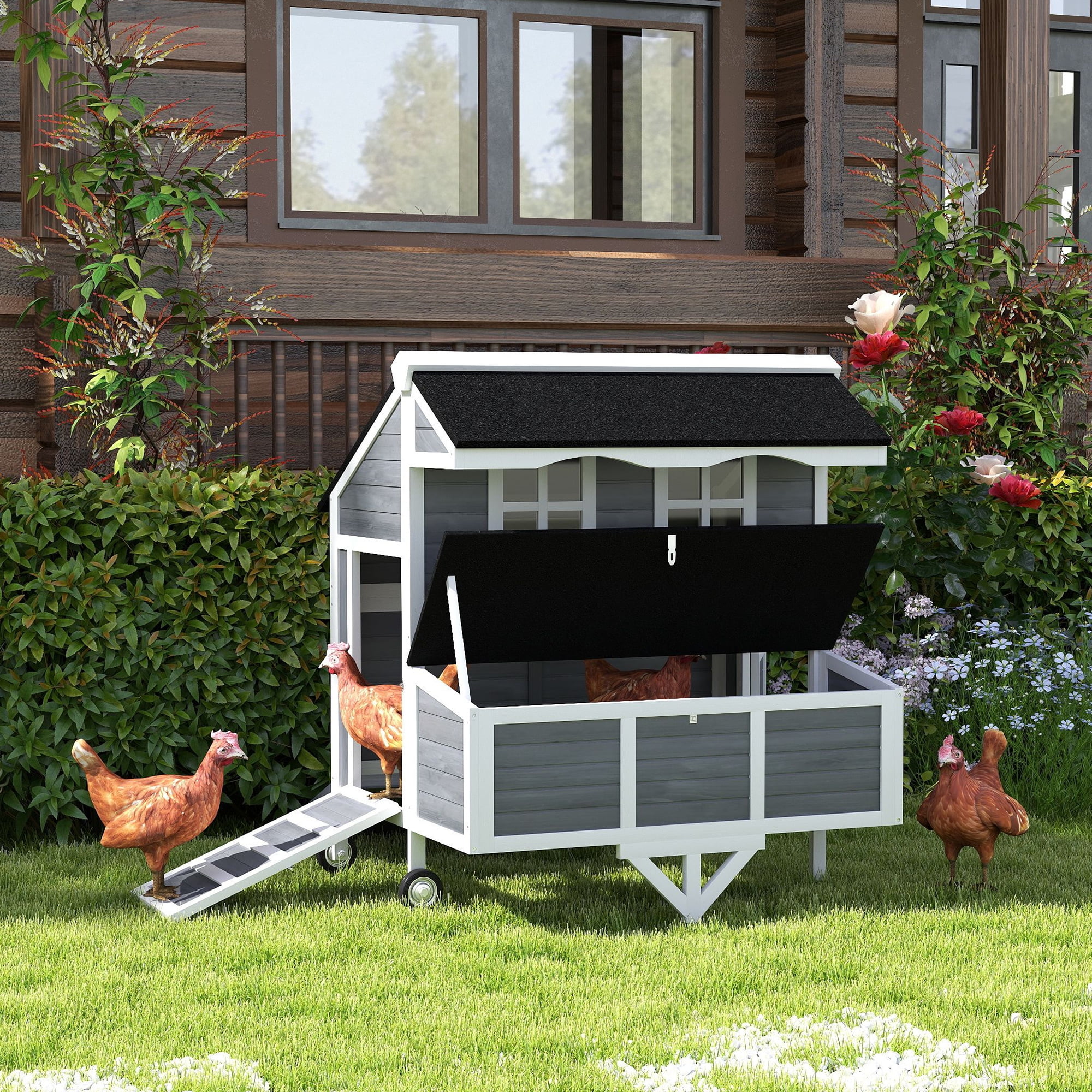 PawHut 43" Chicken Coop with Wheels, Mobile Chicken House, Wooden Chicken Tractor with Nesting Box, Windows, Pull-out Tray, Perches, for 2-4 Hens