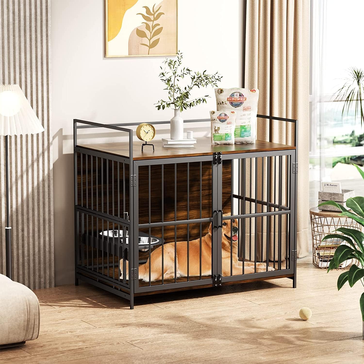 Wooden Dog Crate Furniture for Large Dogs, 41" Super Sturdy Indoor Dog Kennel with Adjustable Feeder & Extra Storage, Heavy Steel Tube Structure for Large Dogs