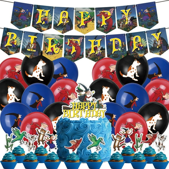 32 Pcs For Room on the Broom Theme Birthday Party Decorations,With 1 Happy Birthday Banner Garland,18 Balloons,13 Cupcake Toppers for Party Decorations