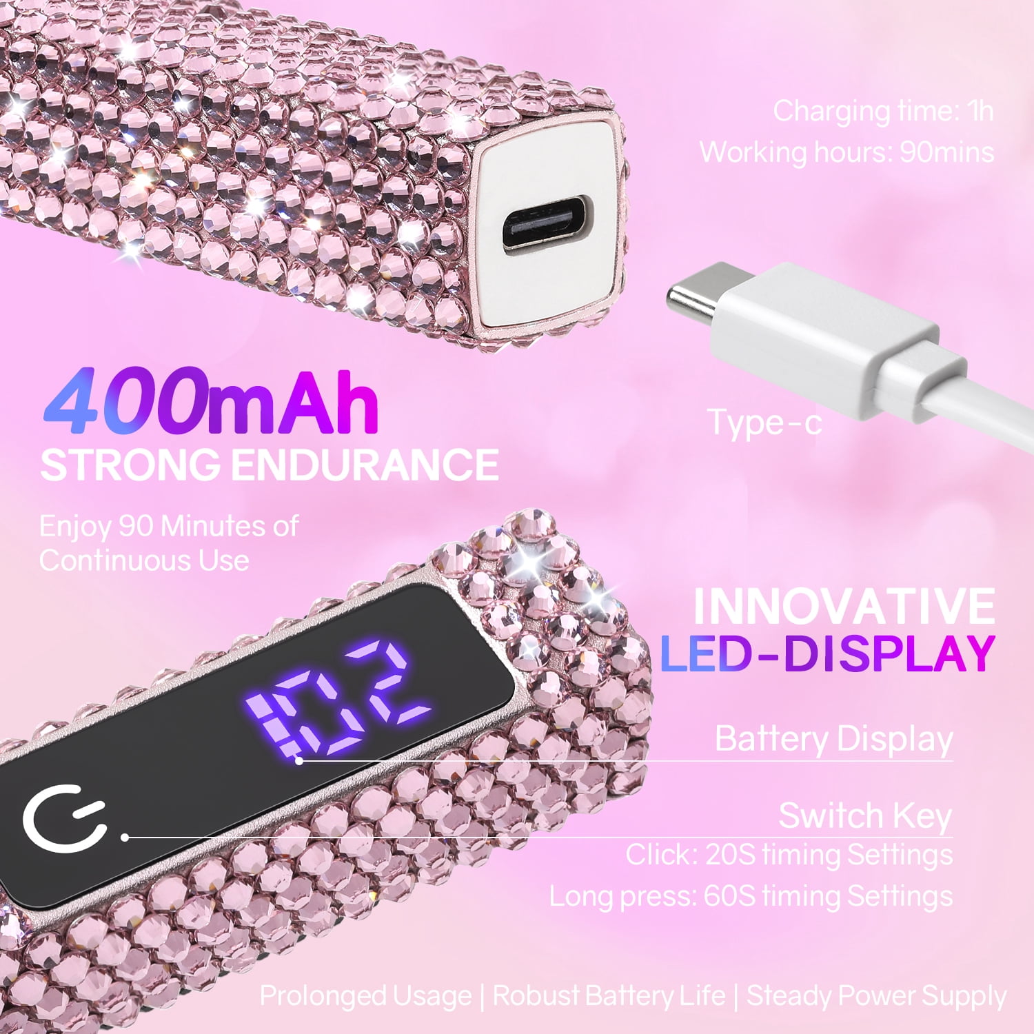 PRYZUNA Mini Crystal LED UV Nail Lamp – Portable Gel Polish Dryer with Touch Timer, USB-C Rechargeable Design with Rhinestone Finish