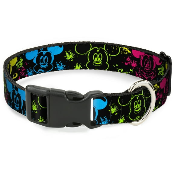Disney Pet Collar, Dog Collar Plastic Buckle, Mickey Expressions Paint Splatter Black Multi Neon, 7 to 8.5 Inches 0.5 Inch Wide