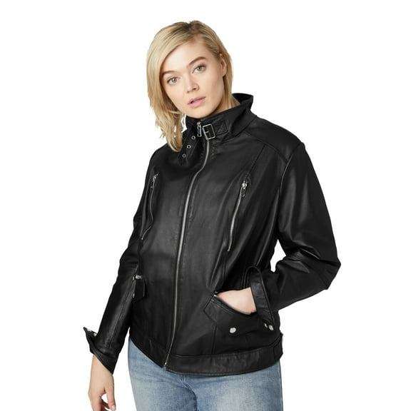 ellos Women's Plus Size Zip Front Leather Jacket