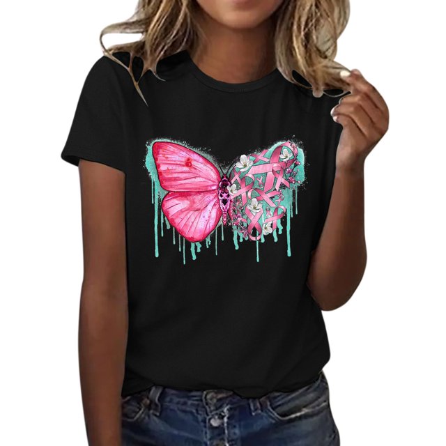 Gibobby Playera de Manga Corta con Cuello Redondo Camiseta manga corta con estampado y cinta concientización sobre el cáncer mama para mujer(Negro,M)