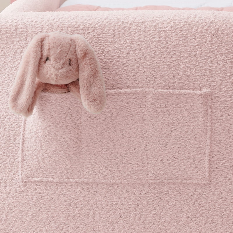 Twin Size Upholstered Platform Bed with Rabbit Ear Headboard, Kids Floor Bed with Storage Pocket & Safety Guardrail, No Box Spring Required