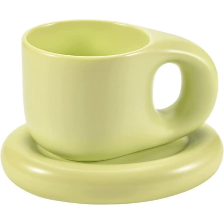 

JLMMEN STORE Ceramic Coffee Mug Creative Cute Fat Handle Cup with Saucer for Office and Home Dishwasher and Microwave Safe 10 oz/300 ml for Latte Tea Milk (Green)