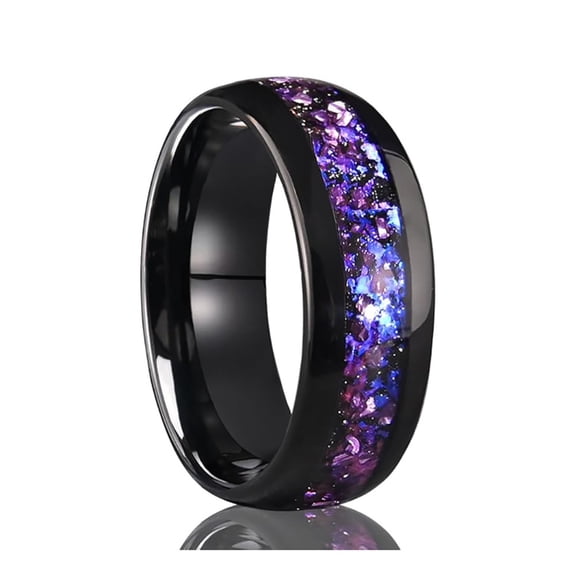 8mm Wide Curved Polished Black Ring with Purple Crystal Blue Nebula Tungsten Carbide Setting