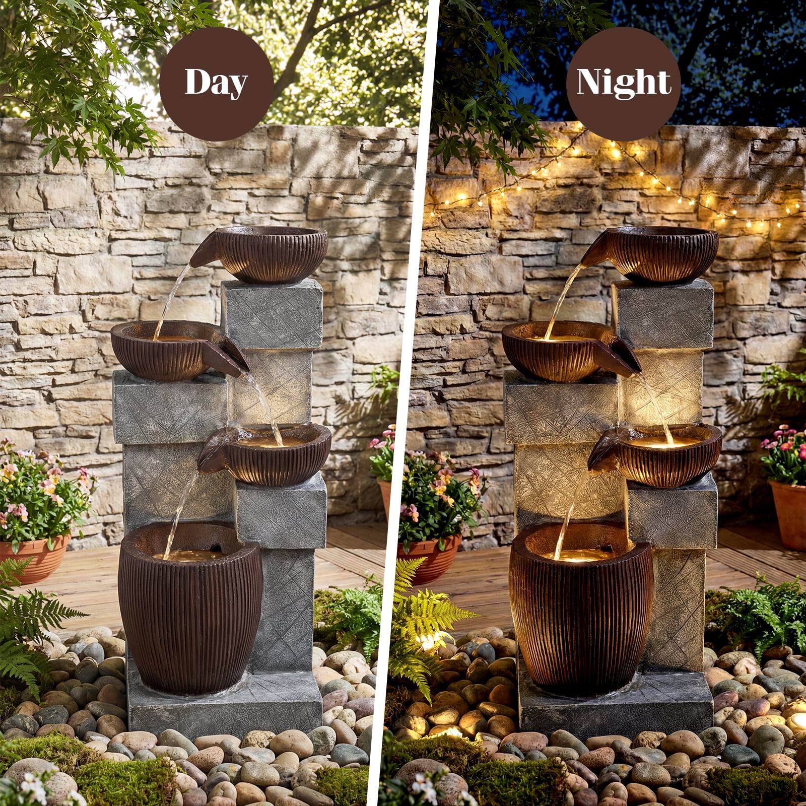 Costway 32” 4-Tier Outdoor Water Fountain with LED Lights for Patio Deck Backyard Balcony
