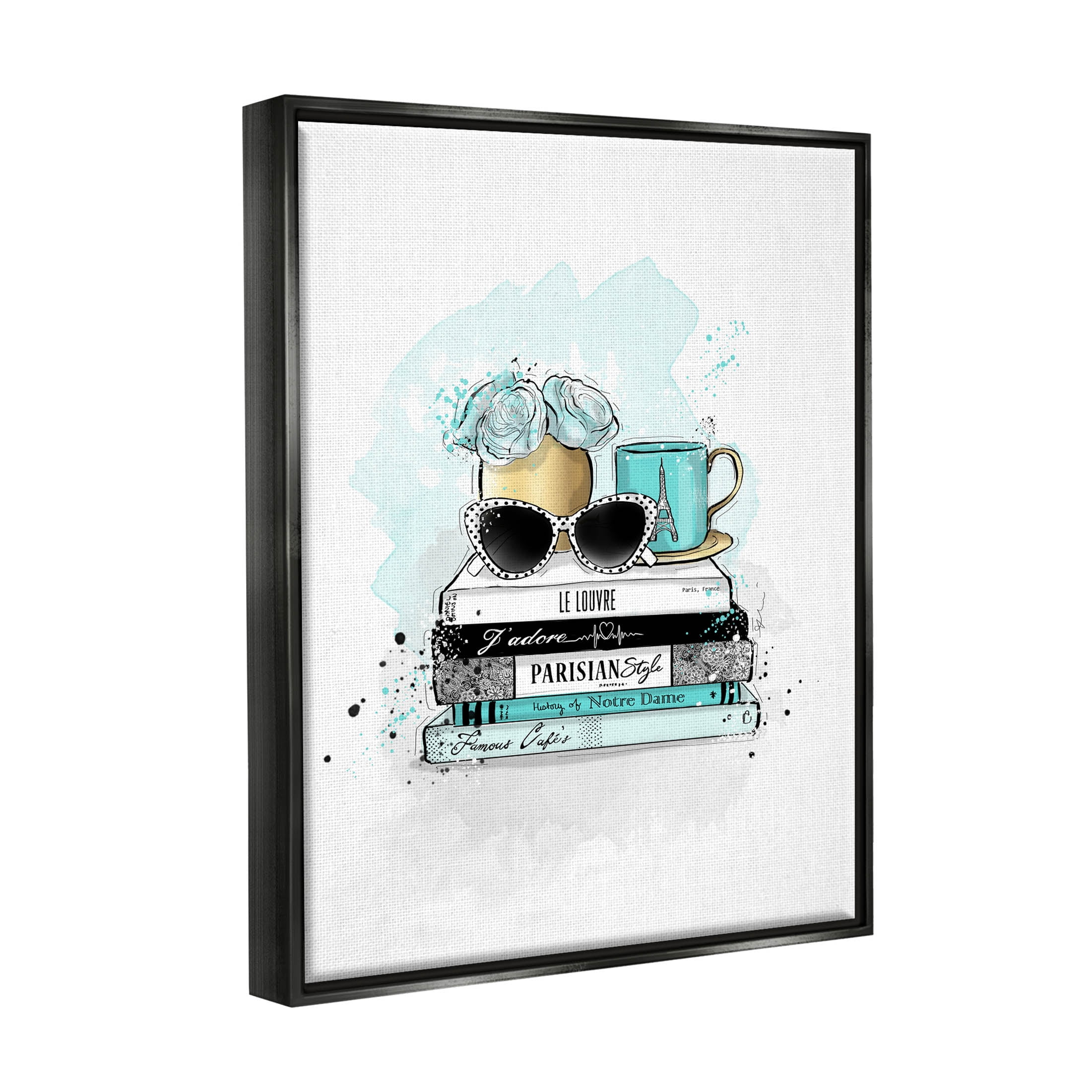 Stupell Industries Turquoise Fashion Book Stack Graphic Art Jet Black Floating Framed Canvas Print Wall Art, Design by Alison Petrie