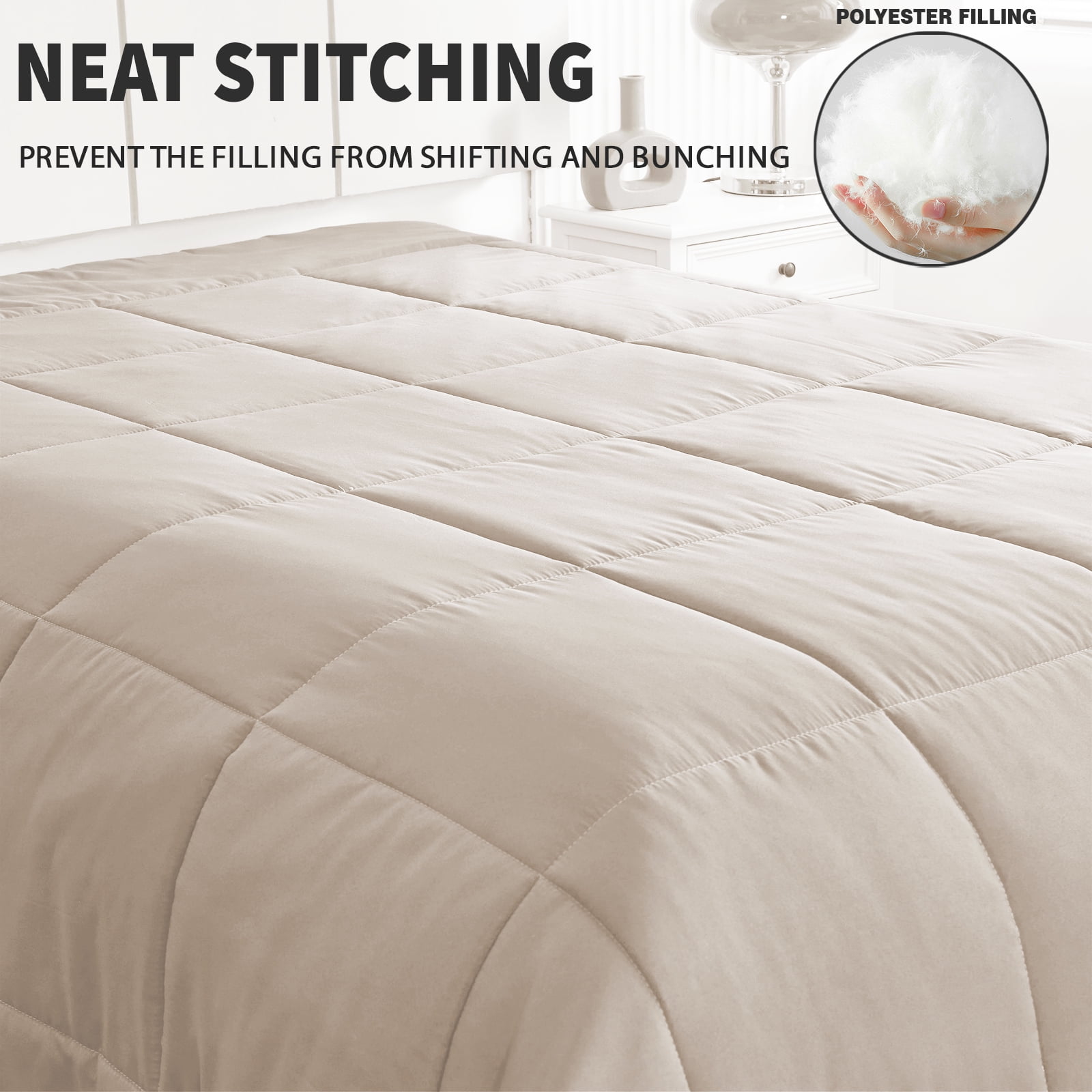Exclusivo Mezcla Lightweight Reversible 3-Piece Comforter Set All Seasons, Down Alternative Comforter with 2 Pillow Shams, King Size, Beige/White