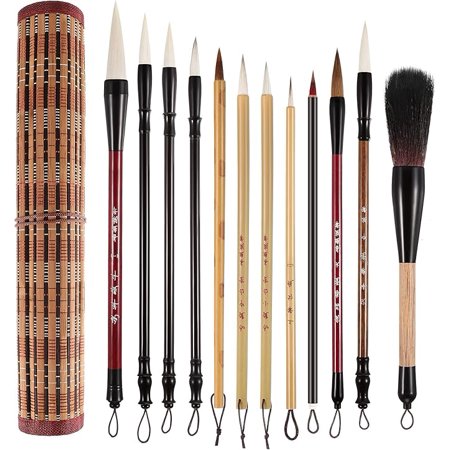 12 Pieces Chinese Calligraphy Brushes Painting Writing Brushes Watercolor Brushes Set Kanji Japanese Sumi Painting Drawing Brushes Kanji Art Brushes with Roll-up Brush Holder