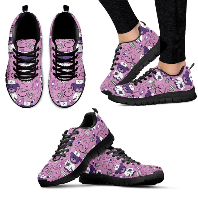 Zapatos médicos de enfermera con dibujos de oso y degradado azul, cómodos zapatos planos negros de verano con dibujos animados para médicos