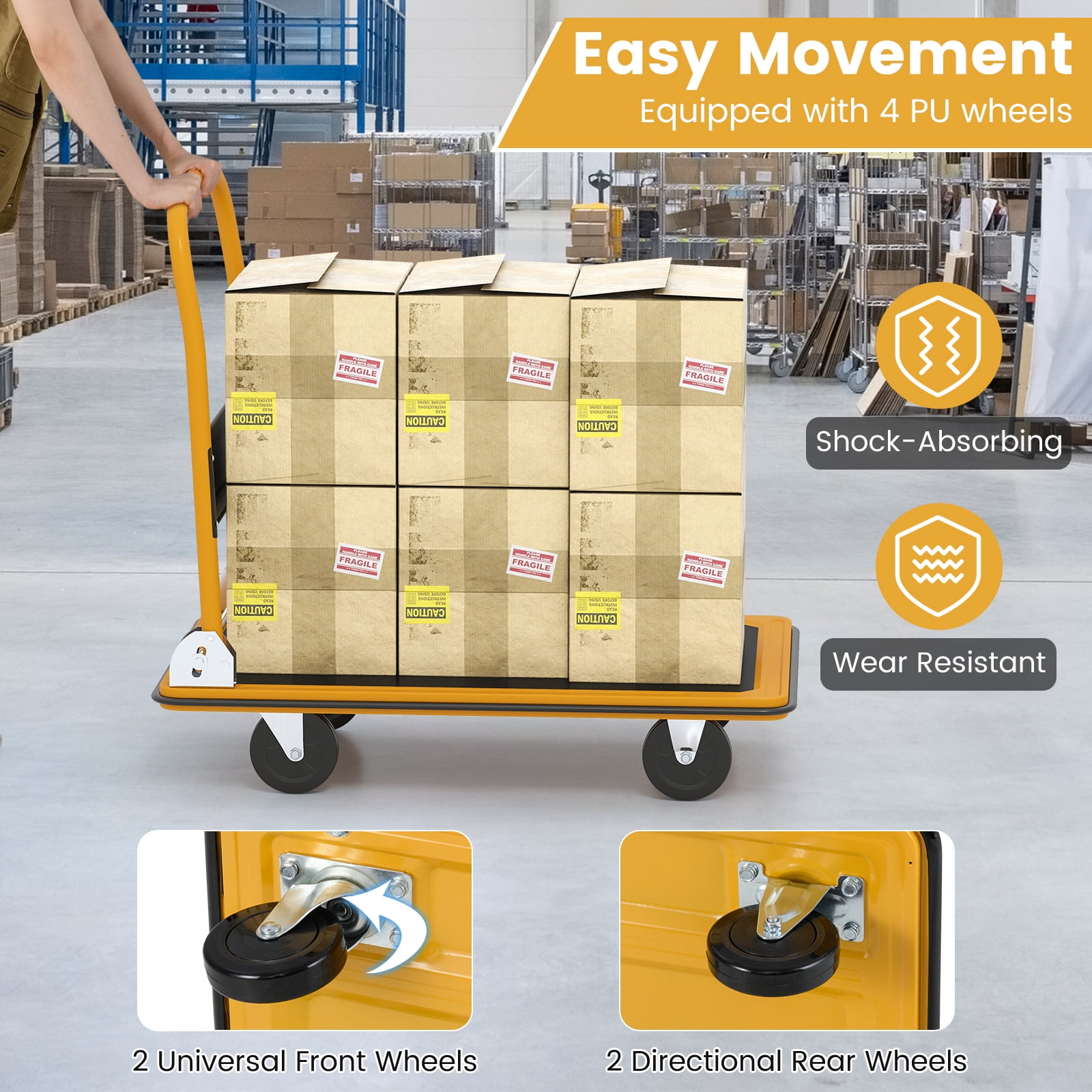 Costway 660lbs Platform Cart Dolly Folding Foldable Moving Warehouse Push Hand Truck New Yellow