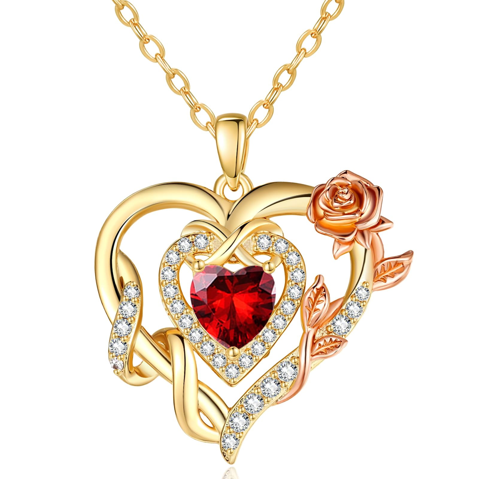 HXWZB Birthstone Rose Heart Pendant Necklace for Women