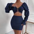 thumbnail image 5 of REORIAFEE Sets for Women Lounge Sets Summer Outfits 2PC Fashion Women V Neck Out Bandage Long Sleeve Blouse + Mini Dress Sets Dark Blue S, 5 of 9