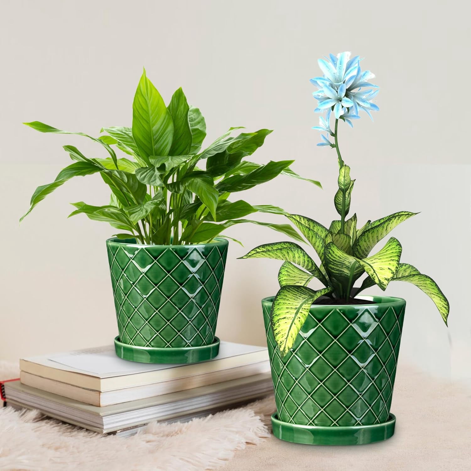 BUYMAX 4",5",6" Dia Planter Set of 3, Modern Style Ceramic Plant Pots with Drainage Hole and Tray for Indoor Outdoor Patio, Emerald Green