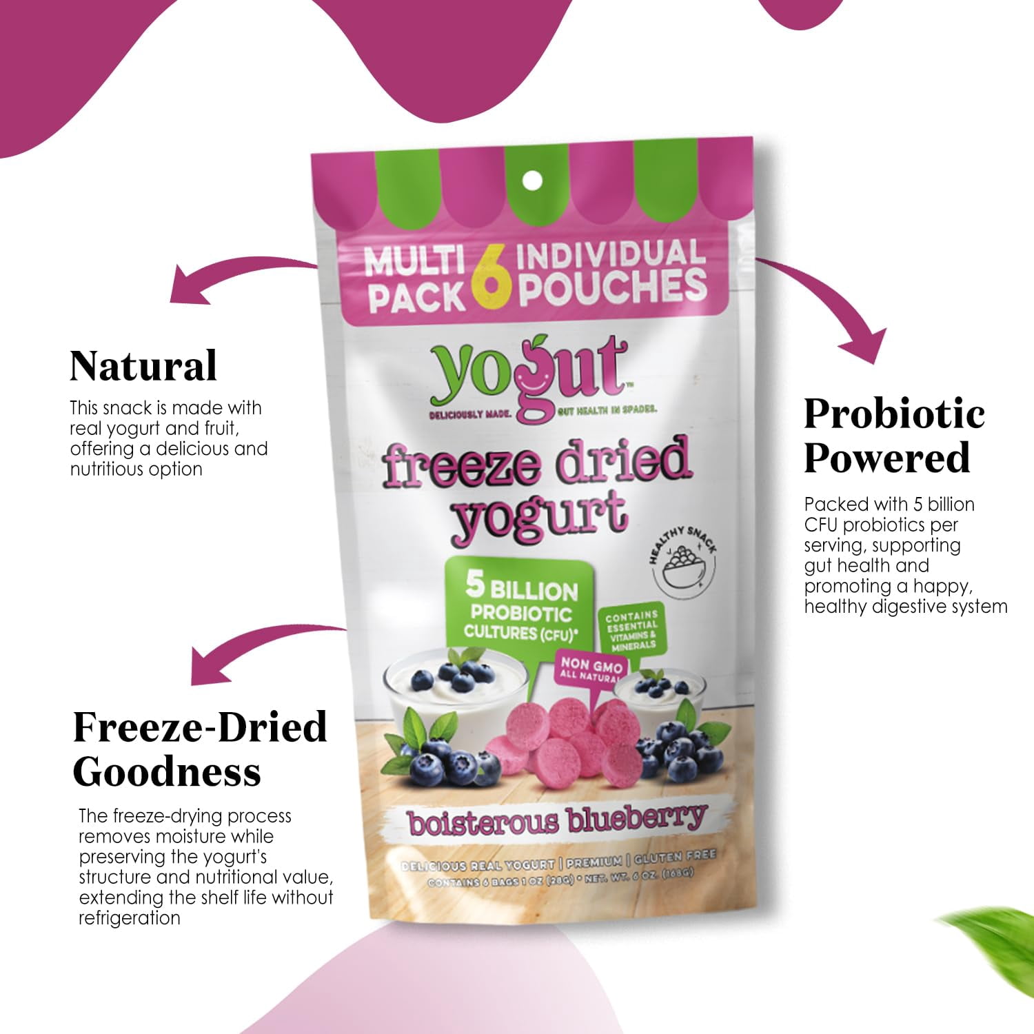 YoGut Freeze-Dried Blueberry Yogurt Smoothie & Melts Snack, 6Pk, Healthy Snacks for Kids, Toddlers & Adults, Gluten-Free, Non-GMO, with 5 Billion Probiotic Cultures, Vitamins & Minerals, Individual S