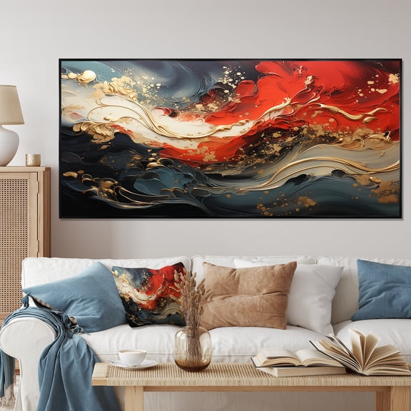 Designart "Marble Fire Red and Gold Fusion VI" Extra Large Abstract Framed Wall Art - Modern Red Abstract Painting Entryway Framed Wall Art Print