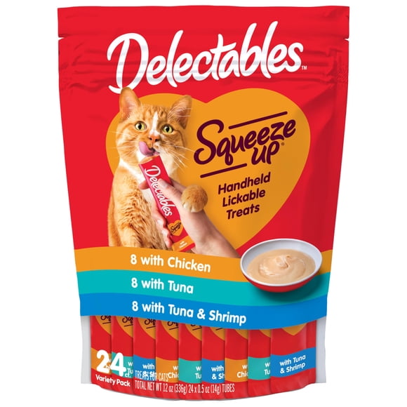 Wet Cat Treats Hartz Delectables Squeeze Up de atún y camarones, 24 x 15 ml