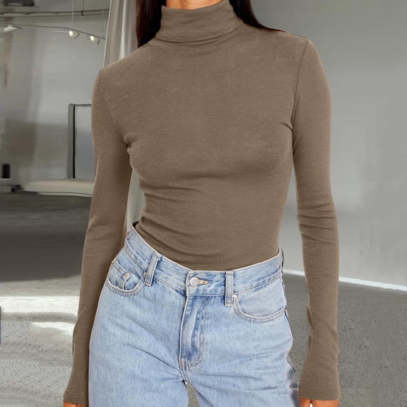 Women's Ribbed Turtleneck Sweater Slim Fit Long Sleeve, Fall Fashion Basic Casual Pullover Top Light Brown 2XL