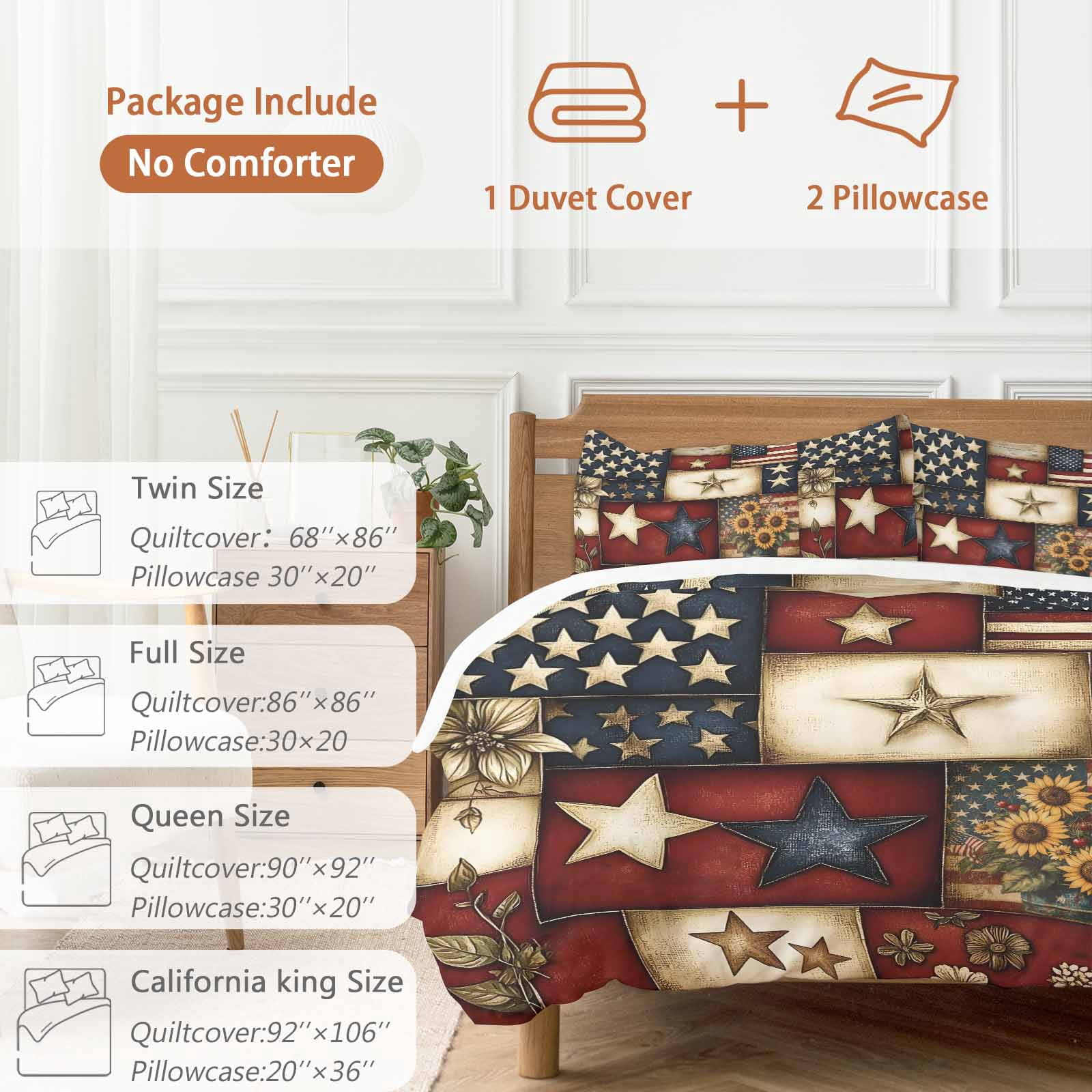 American Flag Bedding 3 Piece Duvet Cover Set California King, Texas Star Farmhouse Sunflowers Blue Red Soft Microfiber Comforter Cover with Zipper Closure & Pillowcases, FadeResistant Quilt Cover