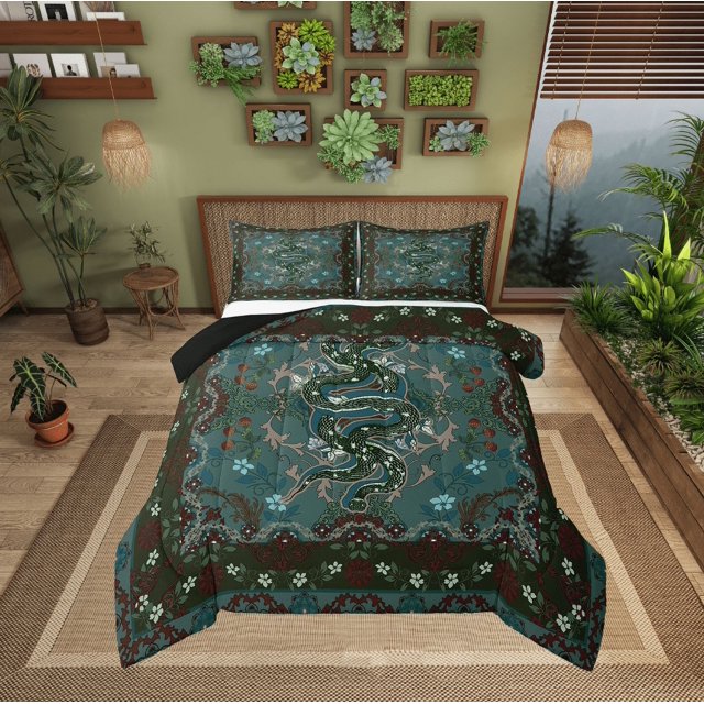 Erosebridal Green Snake Bedding King Comforter Set,Boho Flower Bedding Sets King with Comforter,Ultra Soft Reversible Comforter Sets King Size,Animal Room Decorative,3pcs