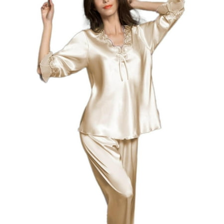 

Ice Silk Lace Pajamas Ladies Summer Silk Nightgown Set Home Clothes Women Nightshirt Sleepshirt Nightgown
