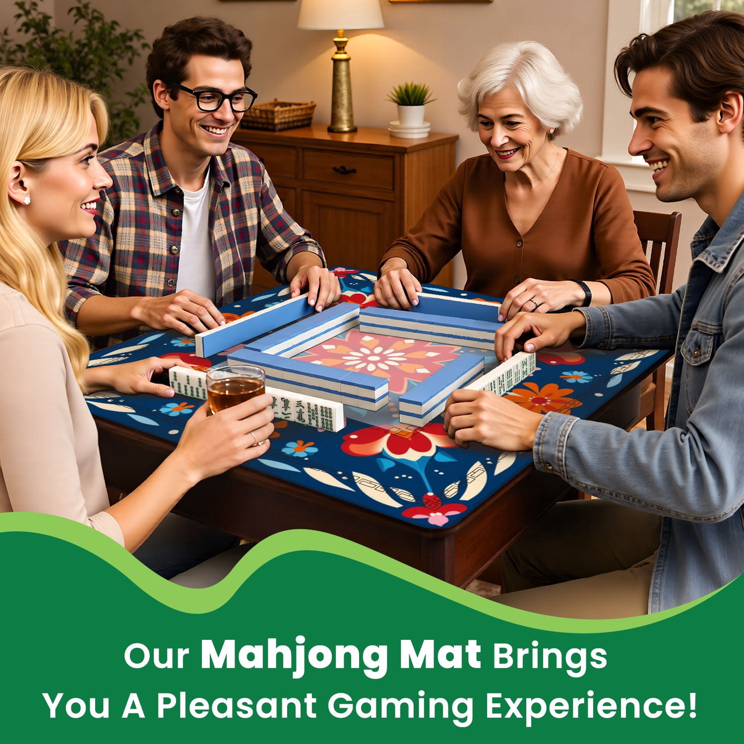 Mahjong Mat 31.5" x 31.5" Symmetrical Floral Folk Art Red Flowers Blue Non-Slip Noise Reduction American Mahjong Tiles Table Cover for Dominoes Poker Card Board Games Gift
