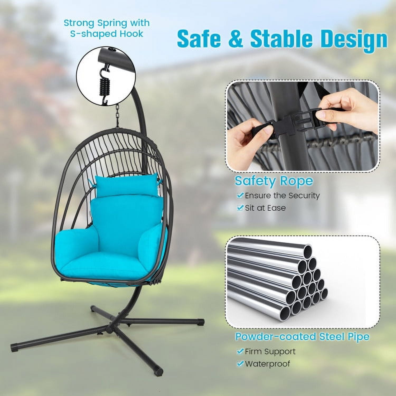 Aimee Lii Hanging Folding Egg Chair with Stand Soft Cushion Pillow Swing Hammock, Hanging Hammock Chair, Turquoise Aimee Lii Hanging Folding Egg Chair with Stand Soft Cushion Pillow Swing Hammock, Hanging Hammock Chair, Turquoise