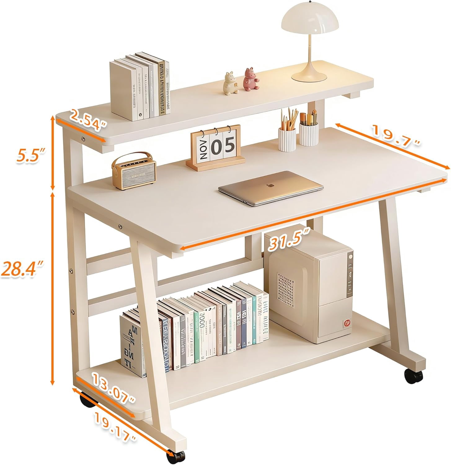 31.5 Inch Small Desks with 3-Layer Storage & Monitor Stand, Compact Home Office Desk, Portable Laptop Table with Wheels for Small Spaces, Mobile Rolling Computer Work Desks