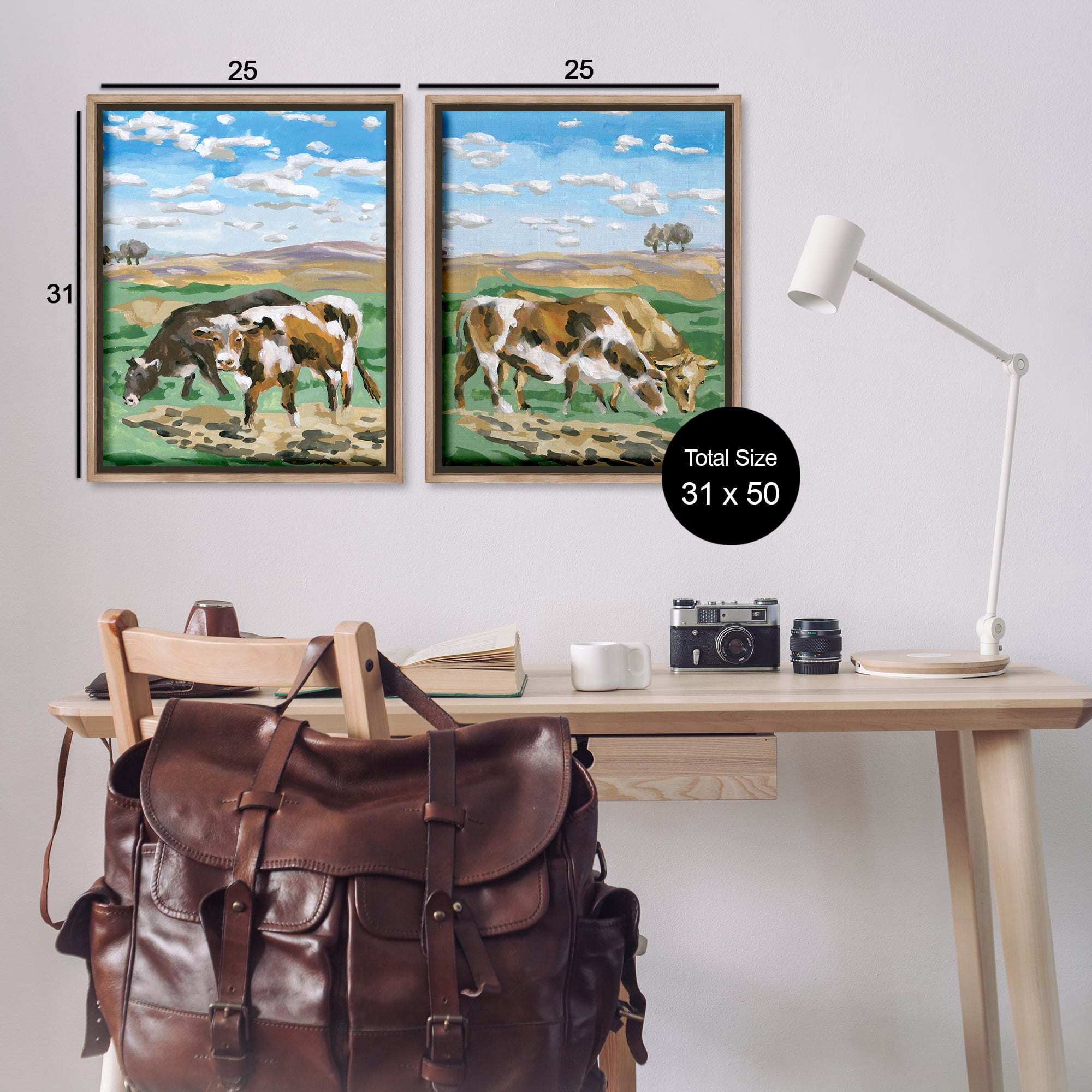 Stupell Industries Cows Grazing in Field Animals Painting Brown Floater Framed Canvas Art Print Wall Art, 31 x 25, Set of 2