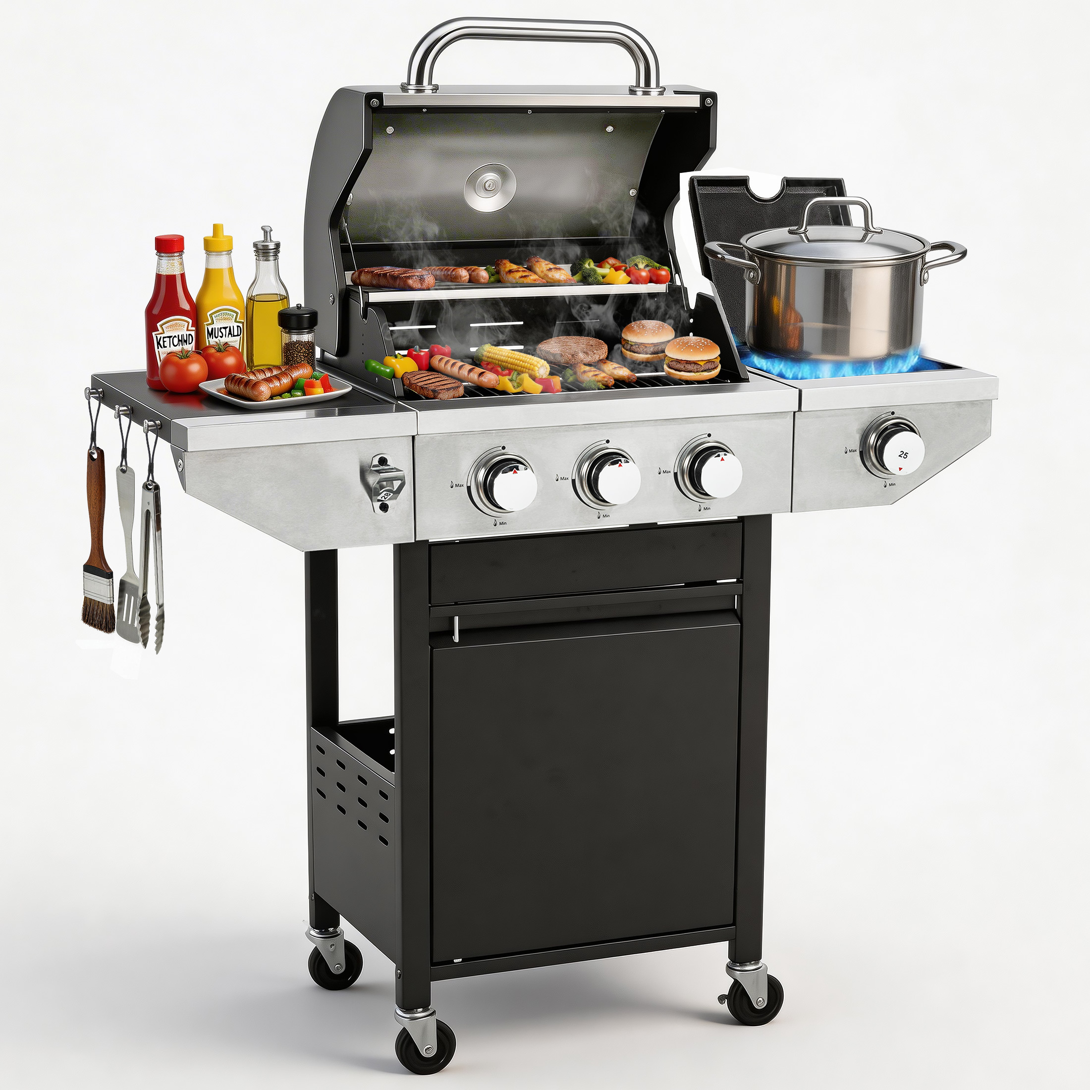 Enyopro 3 Burner Propane Gas Grill, 37,000BTU Stainless Steel BBQ Grill with Brush, Built-in Thermometer, 4 Universal Wheels for Outdoor Cooking Patio Backyard