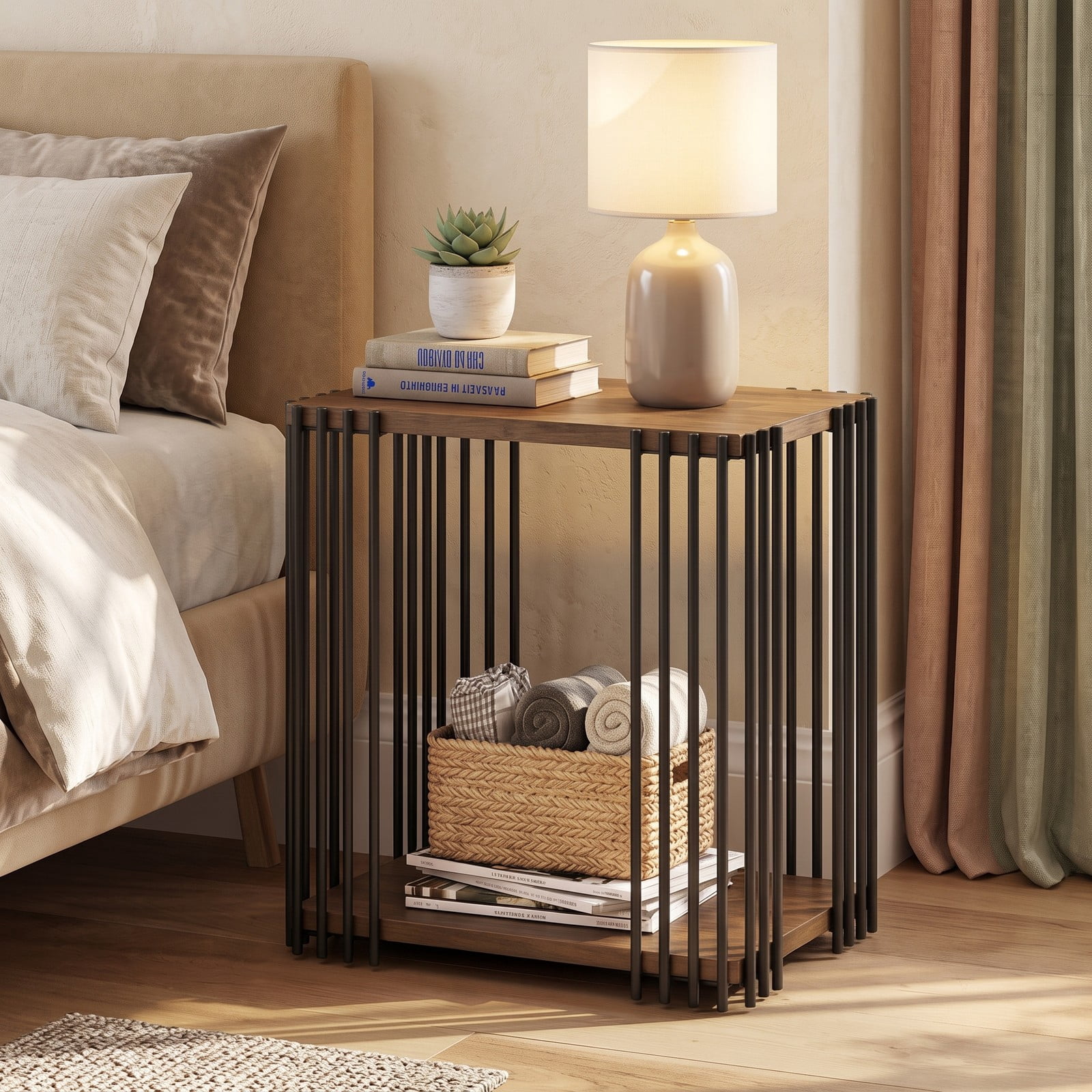 Furnibear Rubber Wood Side Table, 2-Tier End Table with Storage Shelf and Sturdy Metal Frame for Living Room Bedroom, Compact Nightstand Sofa Accent, Walnut and Black