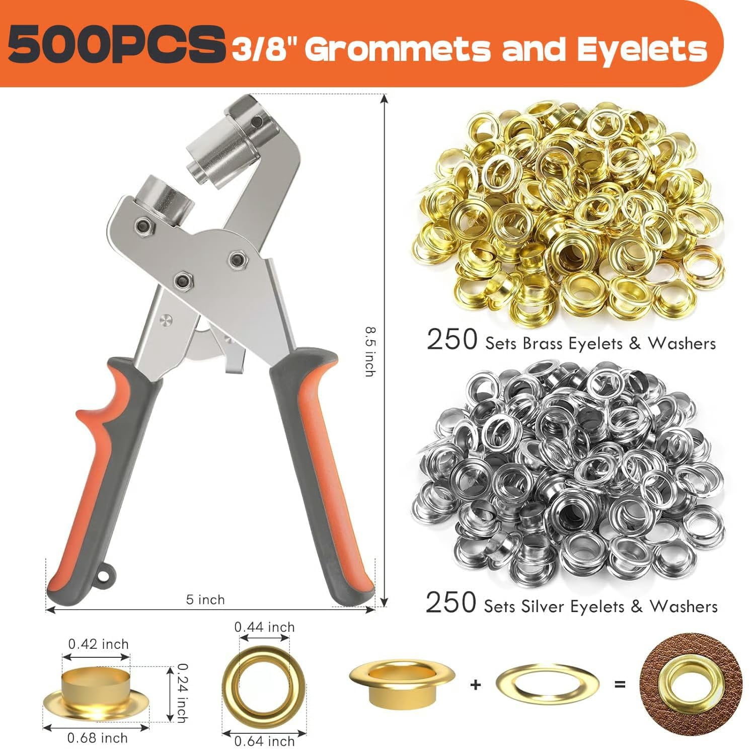 Professional Grommets Kit, Heavy-Duty Grommet Puncher Tool,Eyelet Plier Set with 3/8 in 10mm Grommets, Handheld Metal Grommets Kit for Fabric Tarps Leather (Tool+100Grommets (50Gold, 50Silver))