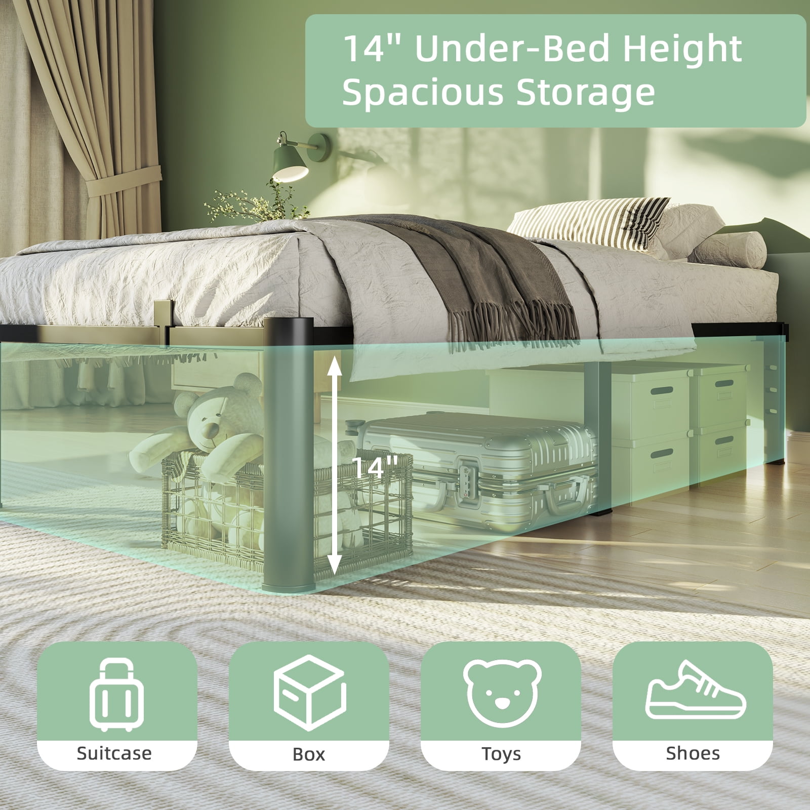 Bel Ark 14" Twin Bed Frame, Heavy Duty Metal Bed Frame with Underbed Storage, No Box Spring Required,Easy Assembly, Black