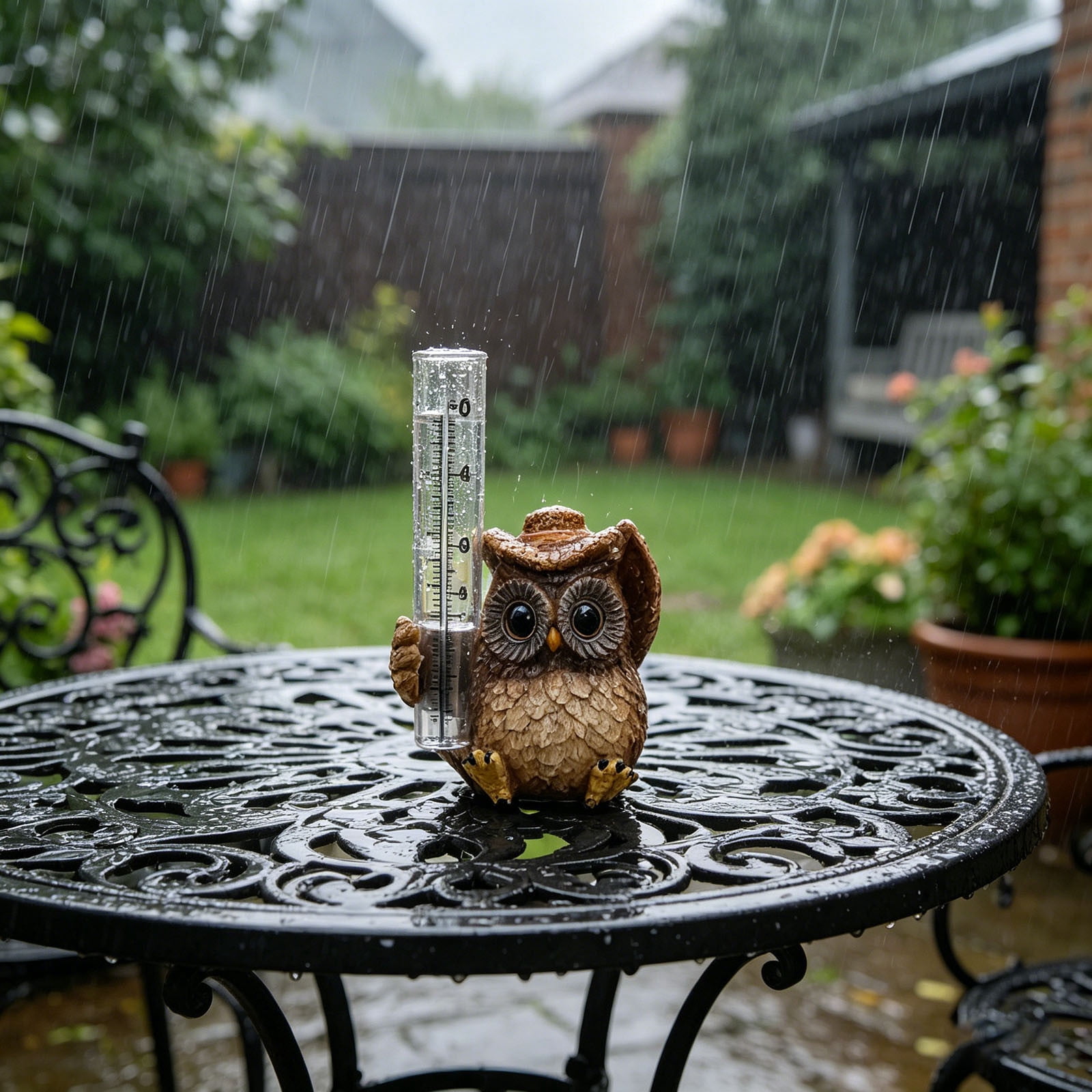 Owl Rain Gauge Garden Statue 5.3 Inch Resin Rain Gauge with Transparent Tube Weatherproof Outdoor Yard Ornament for Patio Lawn Garden