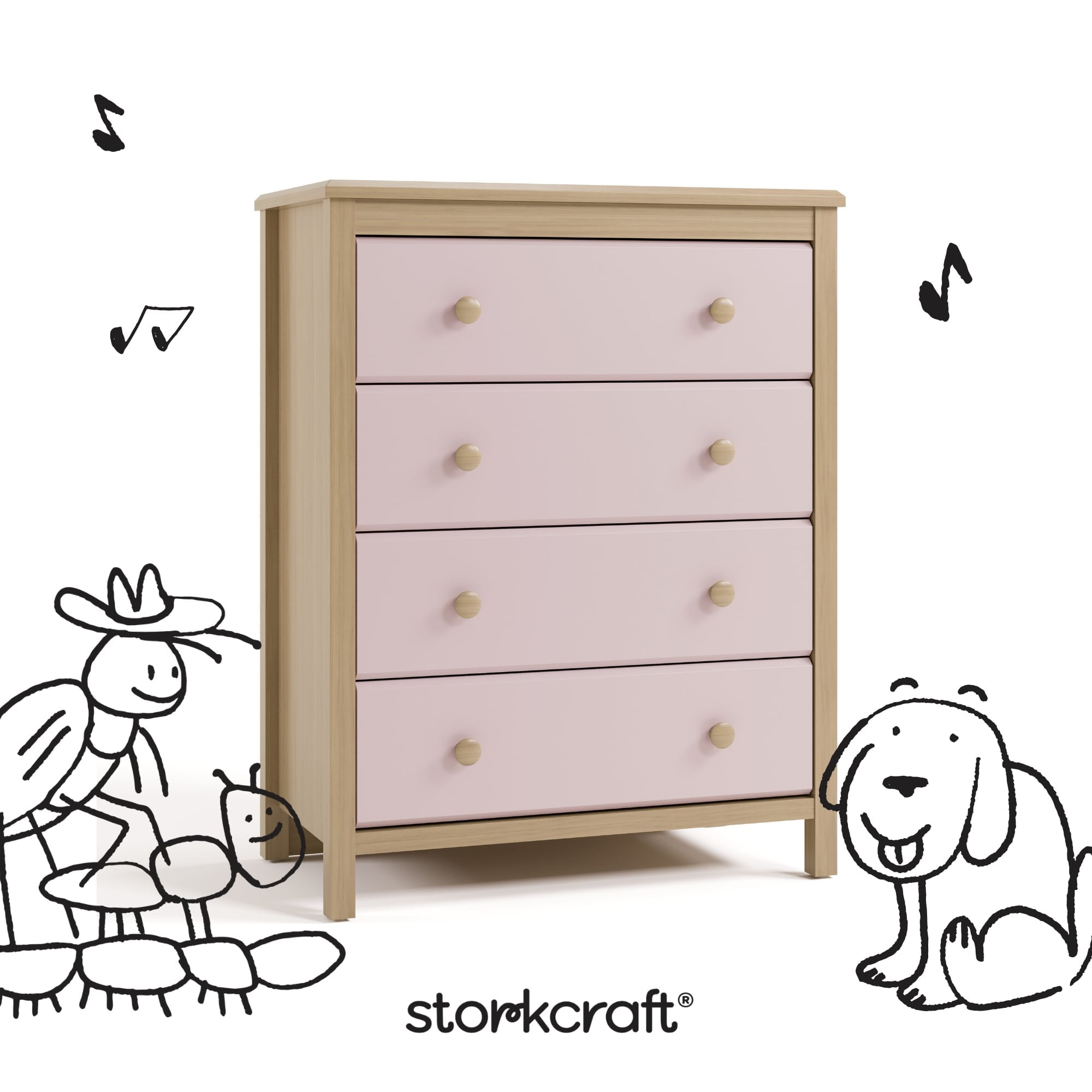 Storkcraft Alpine 4 Drawer Nursery Dresser, Driftwood with Blush