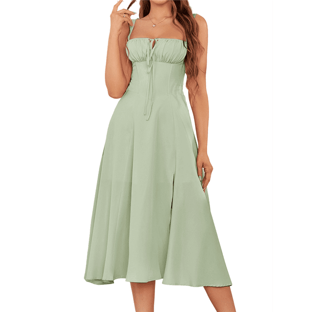 Robe Corset Midi Fluide Fendue à Lacets Robes pour Femmes Thé en Ligne Décontractée Robe d'Été Vert Pâte de Haricot TG