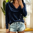 thumbnail image 4 of Smupbvky Velvet Tops for Women Dressy Casual Cowl Neck Long Sleeve Pullover Soft Velour Blouses with Buttons (M, Dark Blue), 4 of 5
