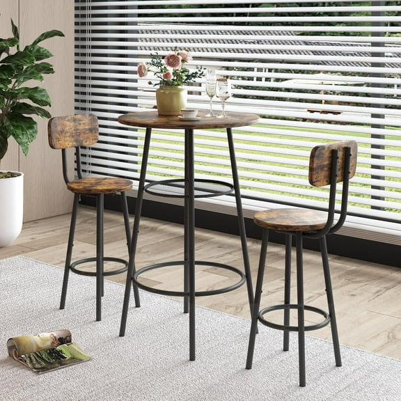 3-Piece Bar Table Set for 2, Small 2-Tier Round Bistro Pub Dining Table & Two Stools with Backrest, Counter Height Table and Chairs Set for Kitchen Small Space (Rustic Brown&Black)