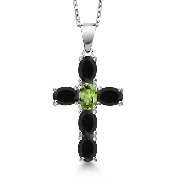 Gem Stone King 925 Sterling Silver Black Onyx and Green Peridot Cross Pendant Necklace for Women | 2.50 Cttw | Gemstone December Birthstone | Oval 6X4MM | With 18 inch Chain