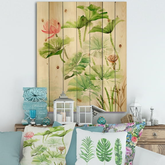 Designart 'Ancient Pink Lotuses In The Pond IV' Traditional Print on Natural Pine Wood