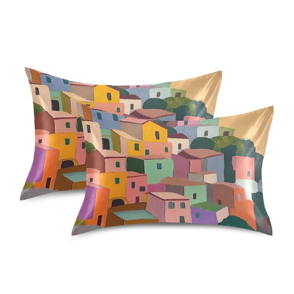 Yayeee Pillowcase Standard Size Set of 2 Satin Wrinkle Resistant Pillow Case, Purple Cityscape Painting