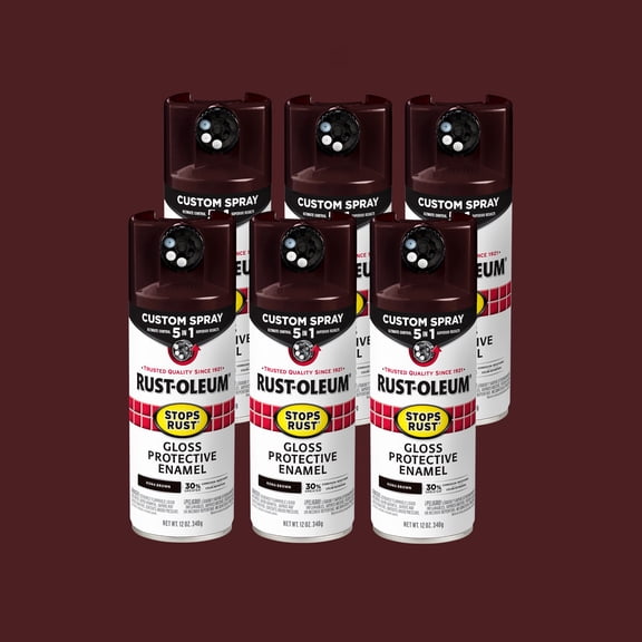 6 Pack, Kona Brown, Rust-Oleum Stops Rust Custom Spray 5 in 1 Gloss Spray Paint-376903, 12 oz