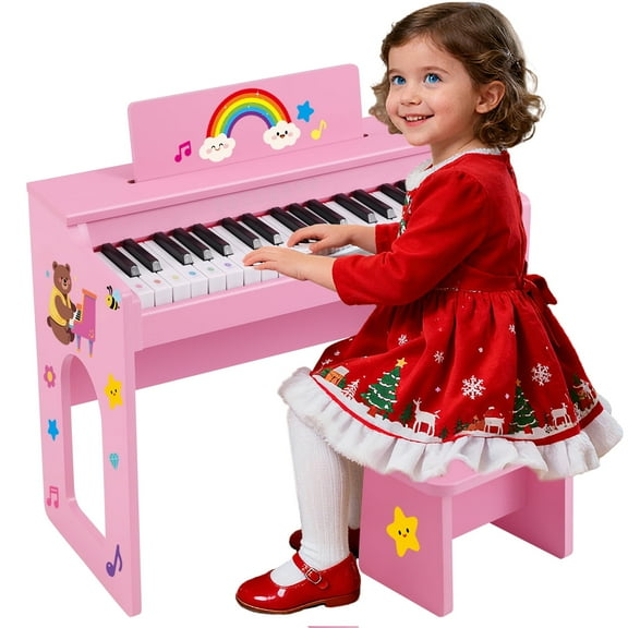 Pink 37Keys Kids Digital Piano Keyboards Wooden Toys Toddler Gifts for Music Education w/Bench,Stickers