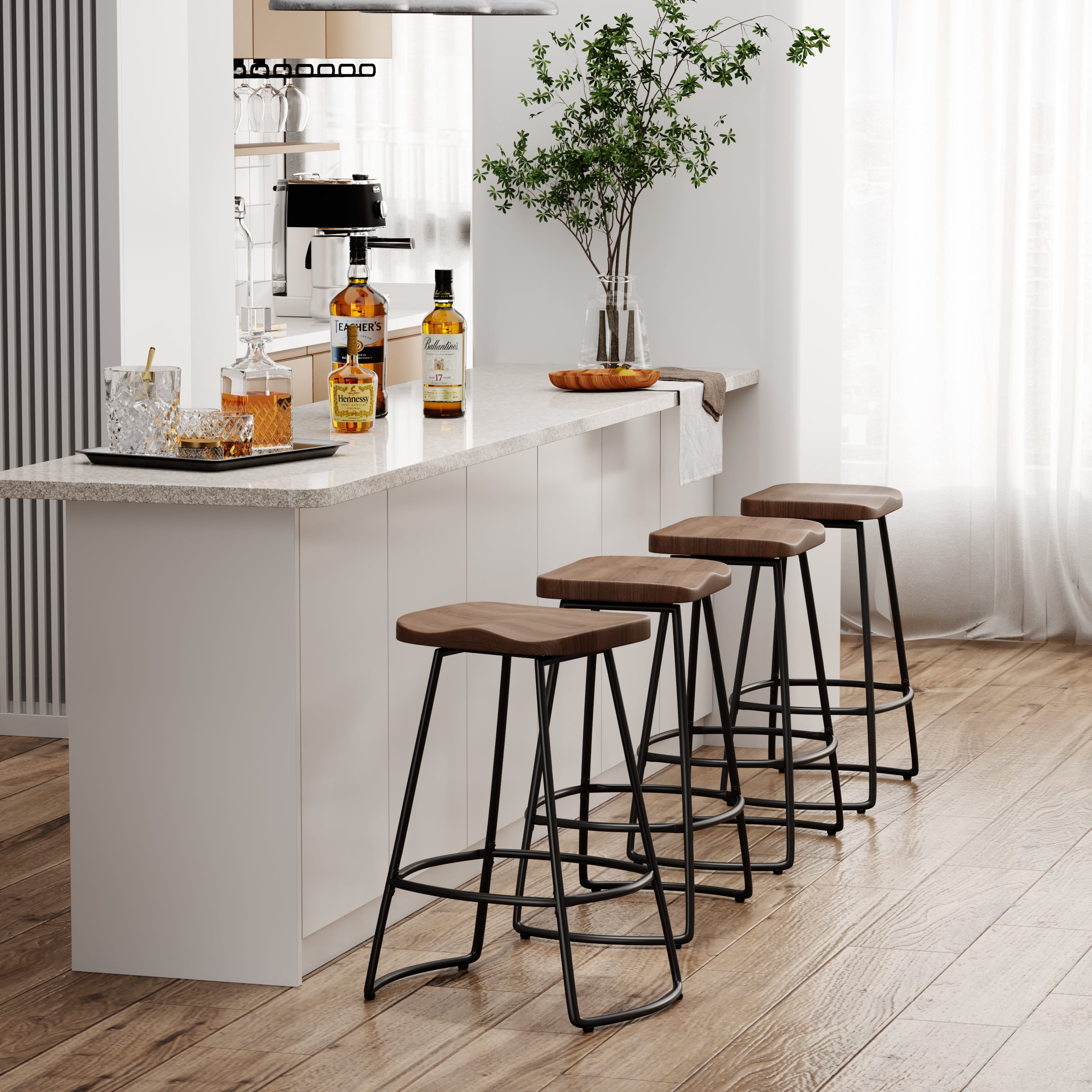 Swivel Bar Stools Set of 2 Industrial Metal Counter Height Barstools with Wood Top