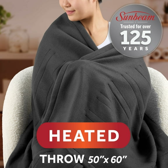 Sunbeam Heated Throw Blanket Fleece Gray Flannel 3 Heat Settings 3 Hour Auto Shut Off 50"x60"