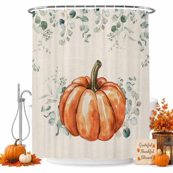 Thanksgiving Orange Pumpkin on Linen Shower Curtain for Bathroom, Fall Eucalyptus Trees Waterproof Shower Curtains Washable Quick Dry with Hooks Bathtub Curtains 36x72IN
