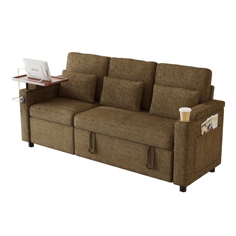 83" 3-in-1 Chenille Foldable Sofa Bed with Electric Chair,USB Ports,Table Board,Storage Armrests & Adjustable Backrest,3-Seater Sleeper,khaki
